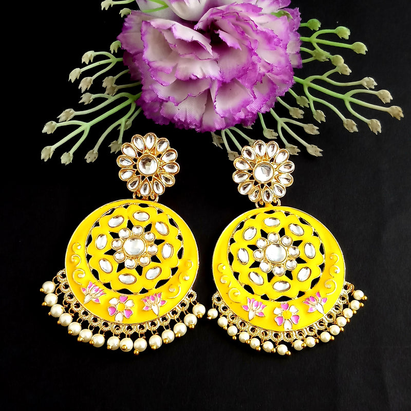 PARSHWAM Yellow Glossy Meenakari Pearl Drop Jhumki