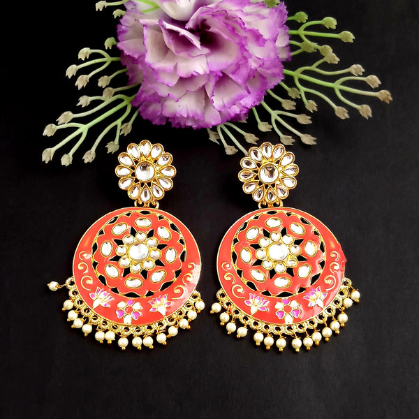 PARSHWAM Red Glossy Meenakari Pearl Drop Jhumki