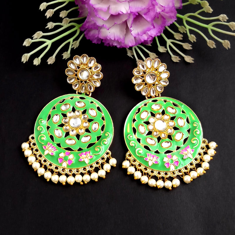 PARSHWAM Light Green Glossy Meenakari Pearl Drop Jhumki