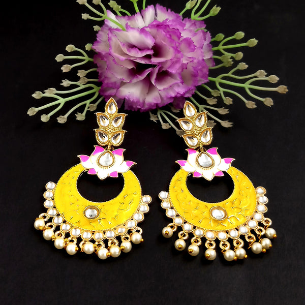 PARSHWAM Yellow Glossy Meenakari Pearl Drop Jhumki