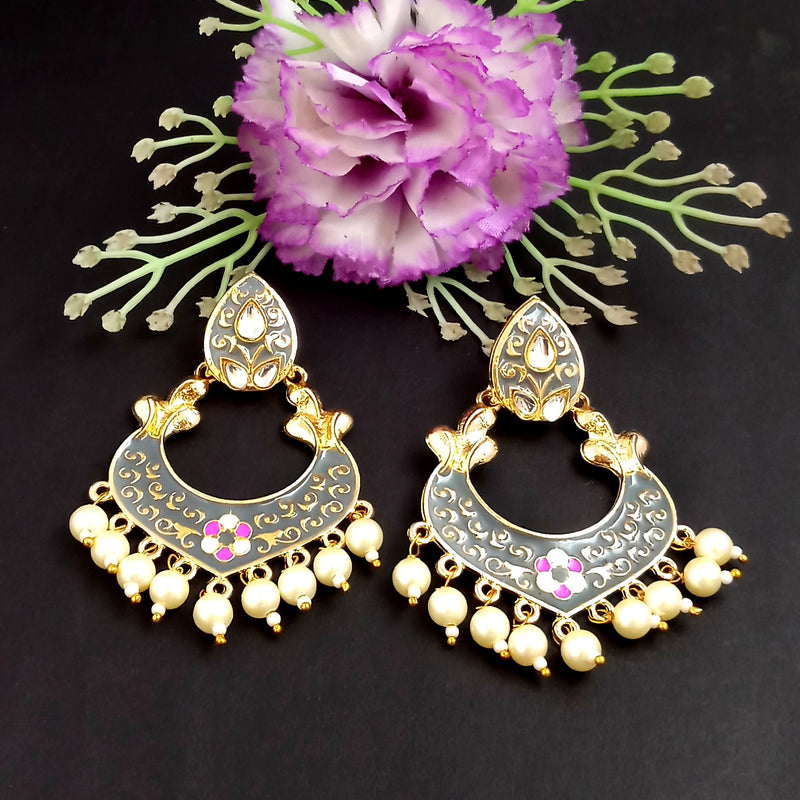 PARSHWAM Grey Glossy Meenakari Pearl Drop Jhumki