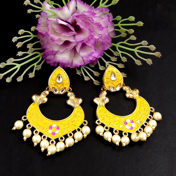 PARSHWAM Yellow Glossy Meenakari Pearl Drop Jhumki