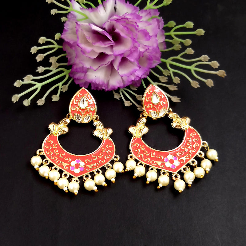 PARSHWAM Red Glossy Meenakari Pearl Drop Jhumki