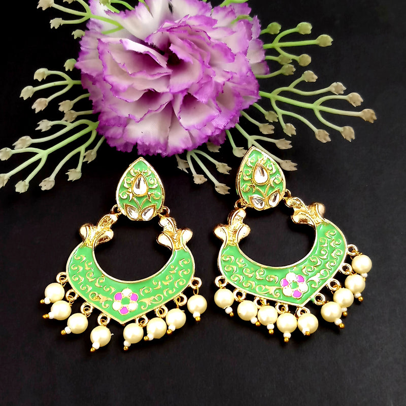 PARSHWAM Light Green Glossy Meenakari Pearl Drop Jhumki