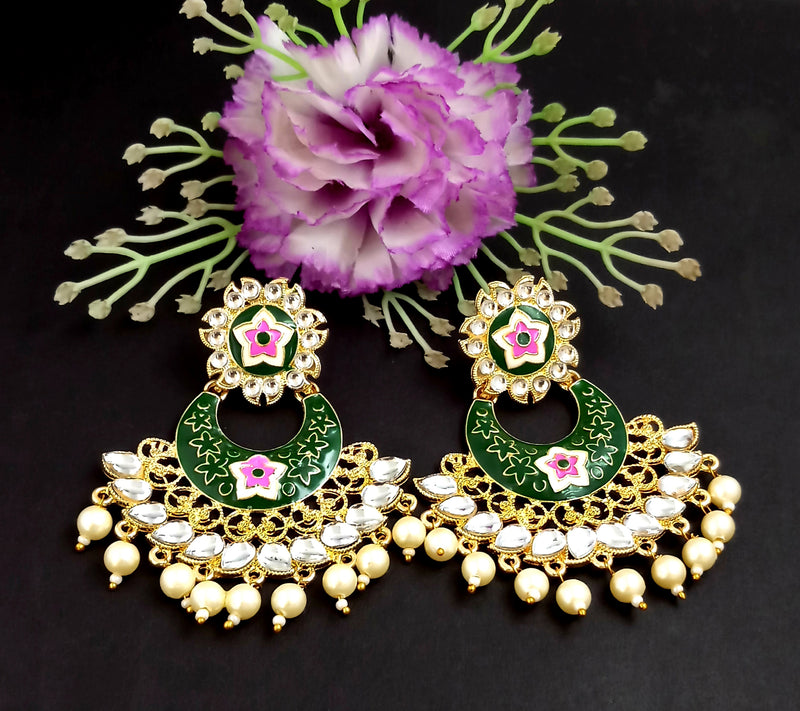 PARSHWAM Dark Green Glossy Meenakari Pearl Drop Jhumki