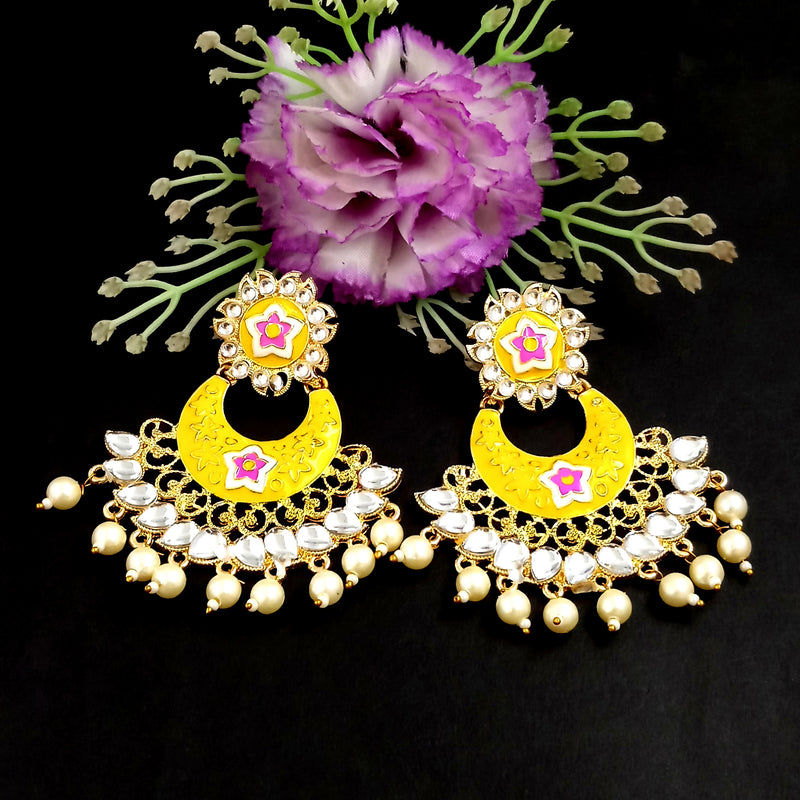 PARSHWAM Yellow Glossy Meenakari Pearl Drop Jhumki