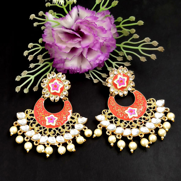 PARSHWAM Red Glossy Meenakari Pearl Drop Jhumki