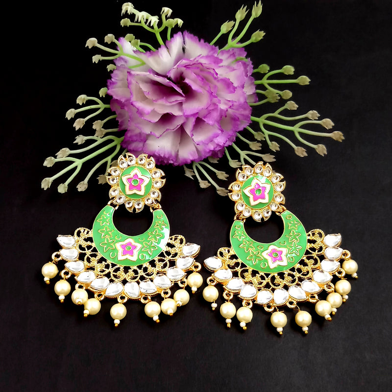 PARSHWAM Light Green Glossy Meenakari Pearl Drop Jhumki