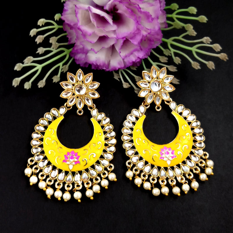 PARSHWAM Yellow Glossy Meenakari Pearl Drop Jhumki