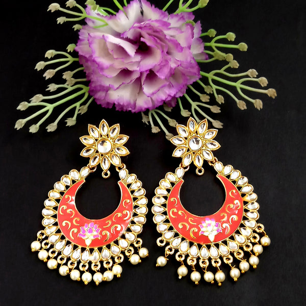 PARSHWAM Red Glossy Meenakari Pearl Drop Jhumki