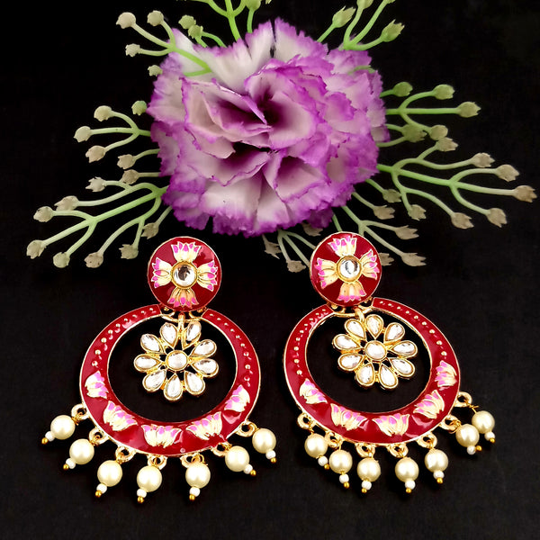 PARSHWAM Pink Glossy Meenakari Pearl Drop Jhumki