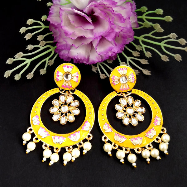 PARSHWAM Yellow Glossy Meenakari Pearl Drop Jhumki