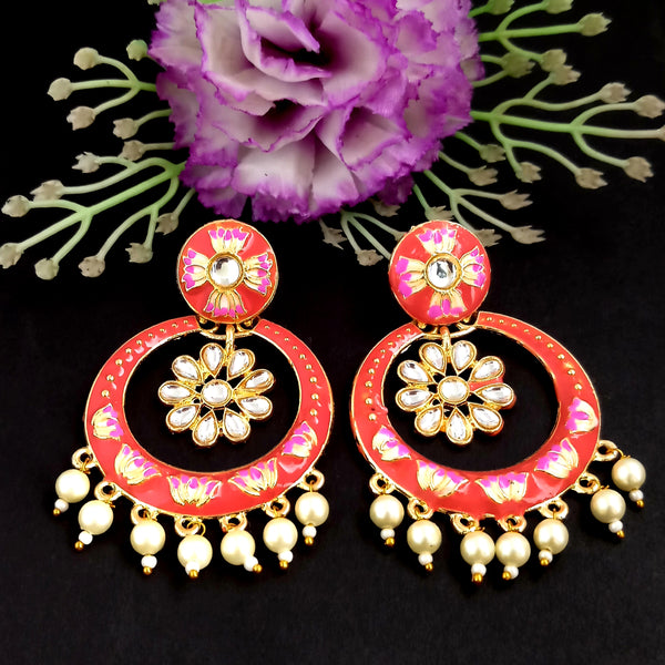 PARSHWAM Red Glossy Meenakari Pearl Drop Jhumki