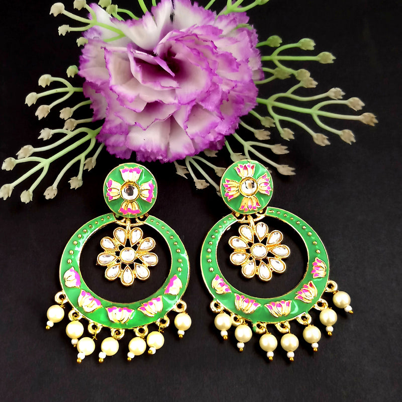 PARSHWAM Light Green Glossy Meenakari Pearl Drop Jhumki