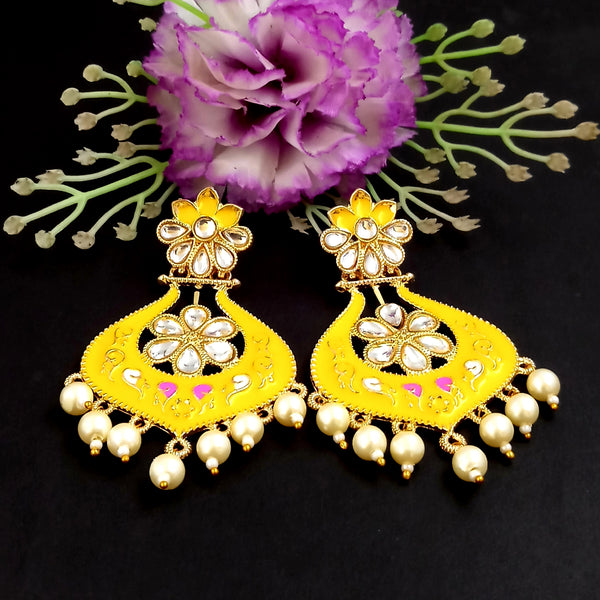 PARSHWAM Yellow Glossy Meenakari Pearl Drop Jhumki