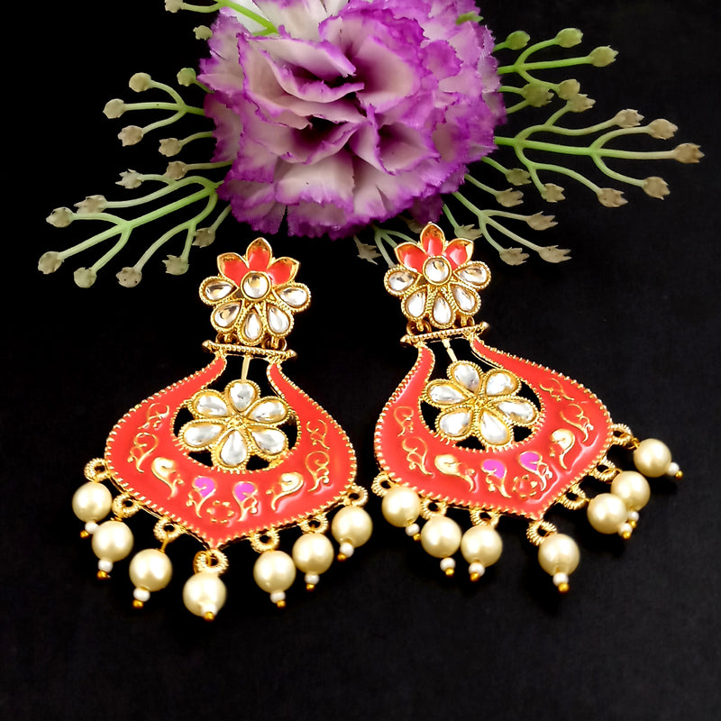 PARSHWAM Red Glossy Meenakari Pearl Drop Jhumki