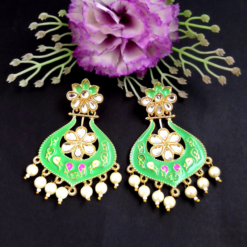 PARSHWAM Light Green Glossy Meenakari Pearl Drop Jhumki