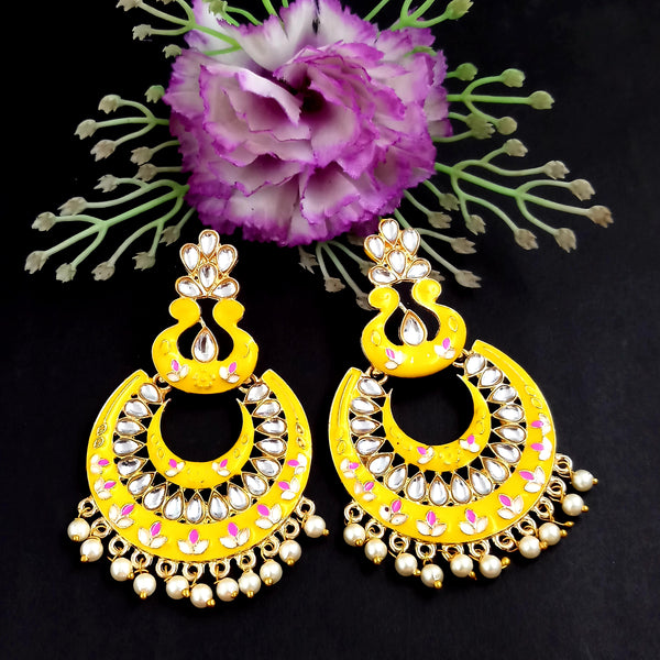 PARSHWAM Yellow Glossy Meenakari Pearl Drop Jhumki