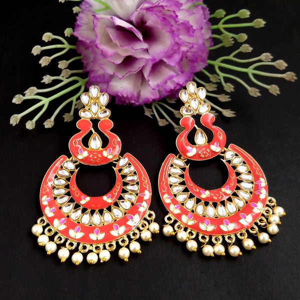 PARSHWAM Red Glossy Meenakari Pearl Drop Jhumki