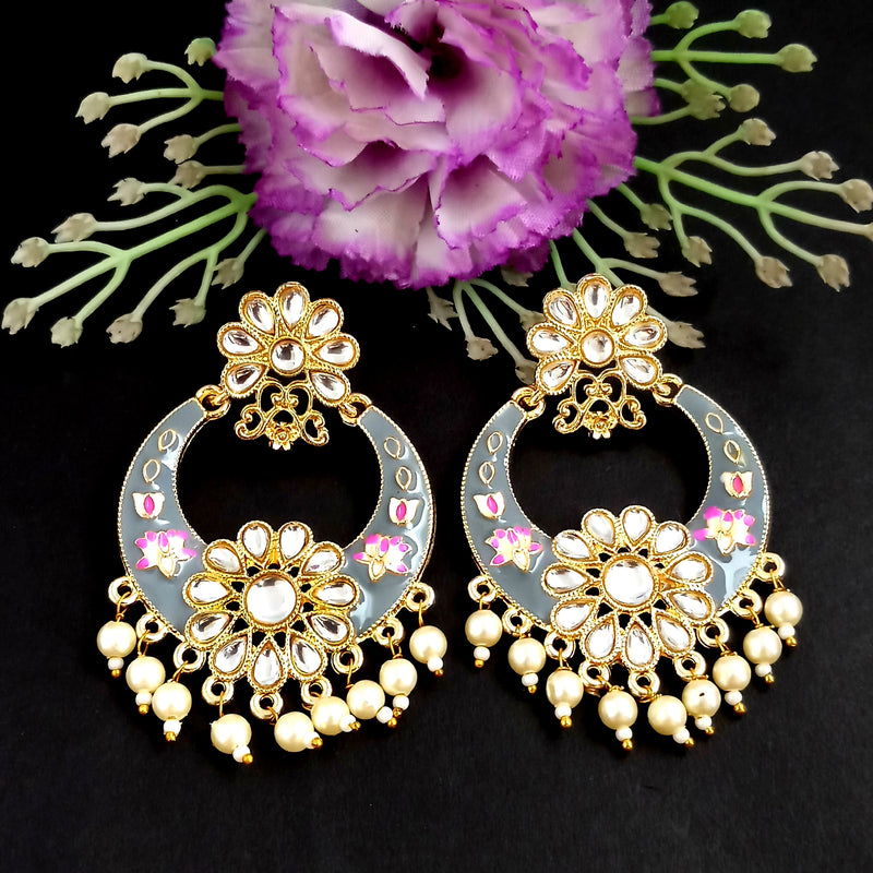 PARSHWAM Grey Glossy Meenakari Pearl Drop Jhumki