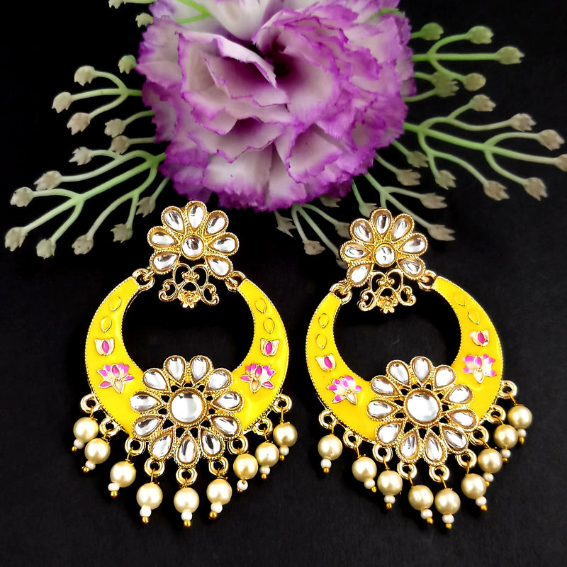 PARSHWAM Yellow Glossy Meenakari Pearl Drop Jhumki