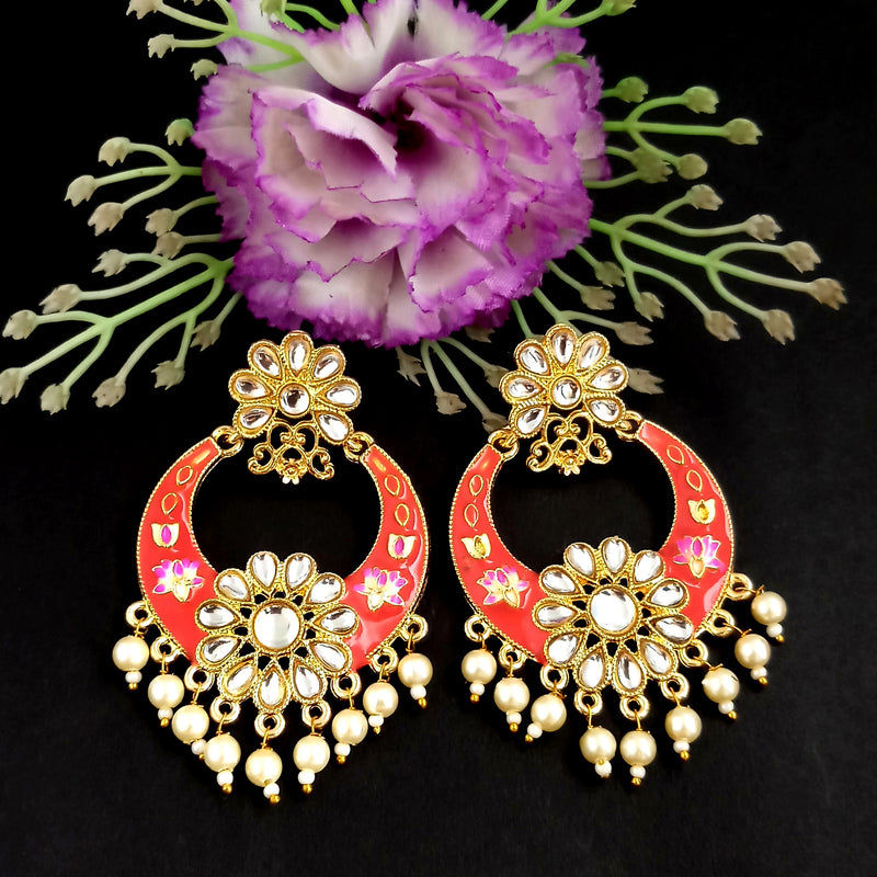 PARSHWAM Red Glossy Meenakari Pearl Drop Jhumki