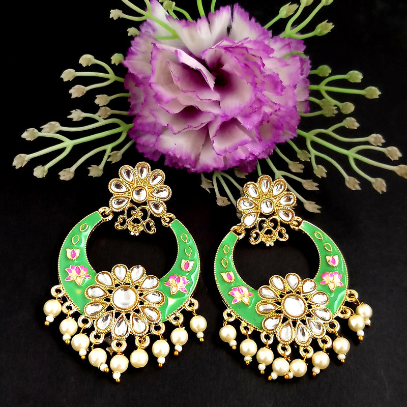 PARSHWAM Light Green Glossy Meenakari Pearl Drop Jhumki