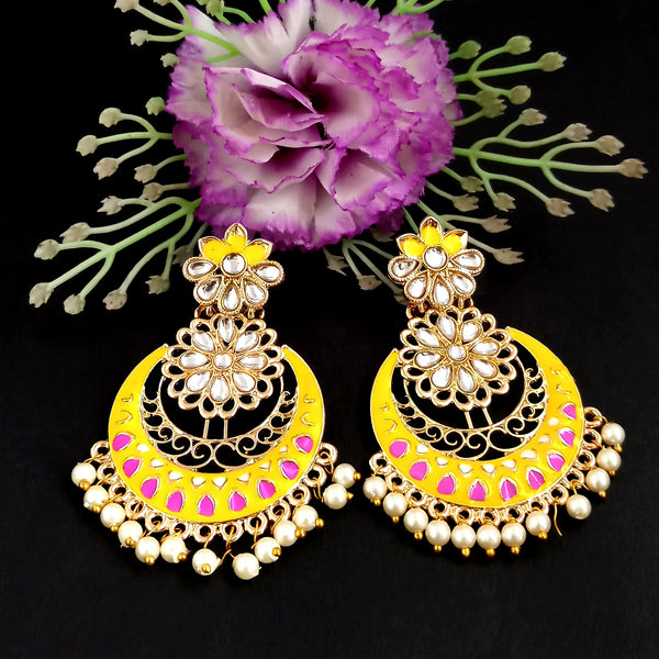 PARSHWAM Yellow Glossy Meenakari Pearl Drop Jhumki