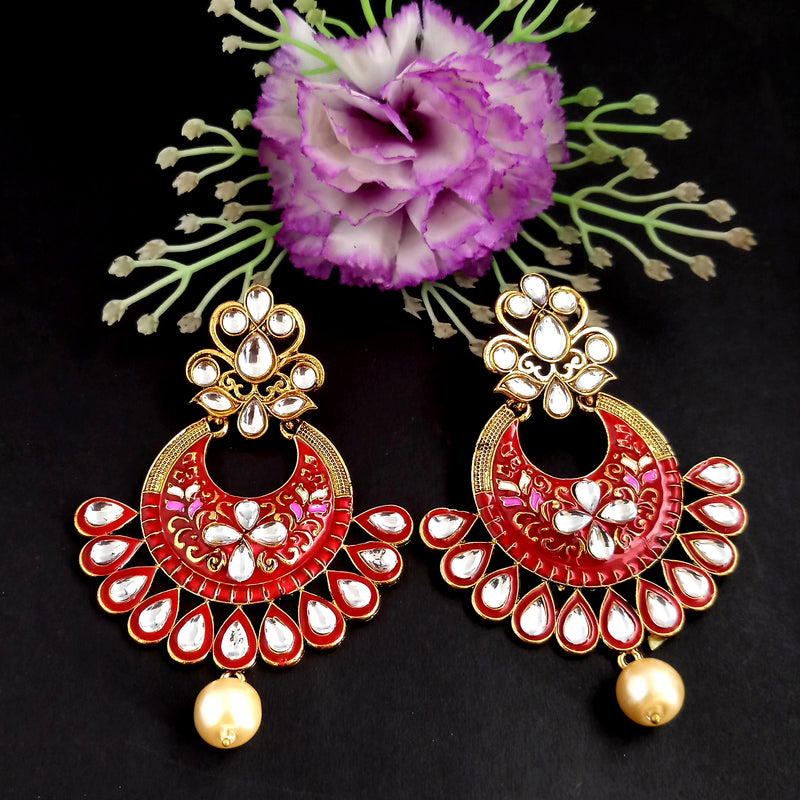 PARSHWAM Red Glossy Meenakari Pearl Drop Jhumki