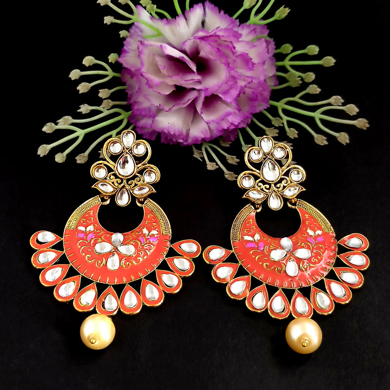 PARSHWAM Orange Glossy Meenakari Pearl Drop Jhumki