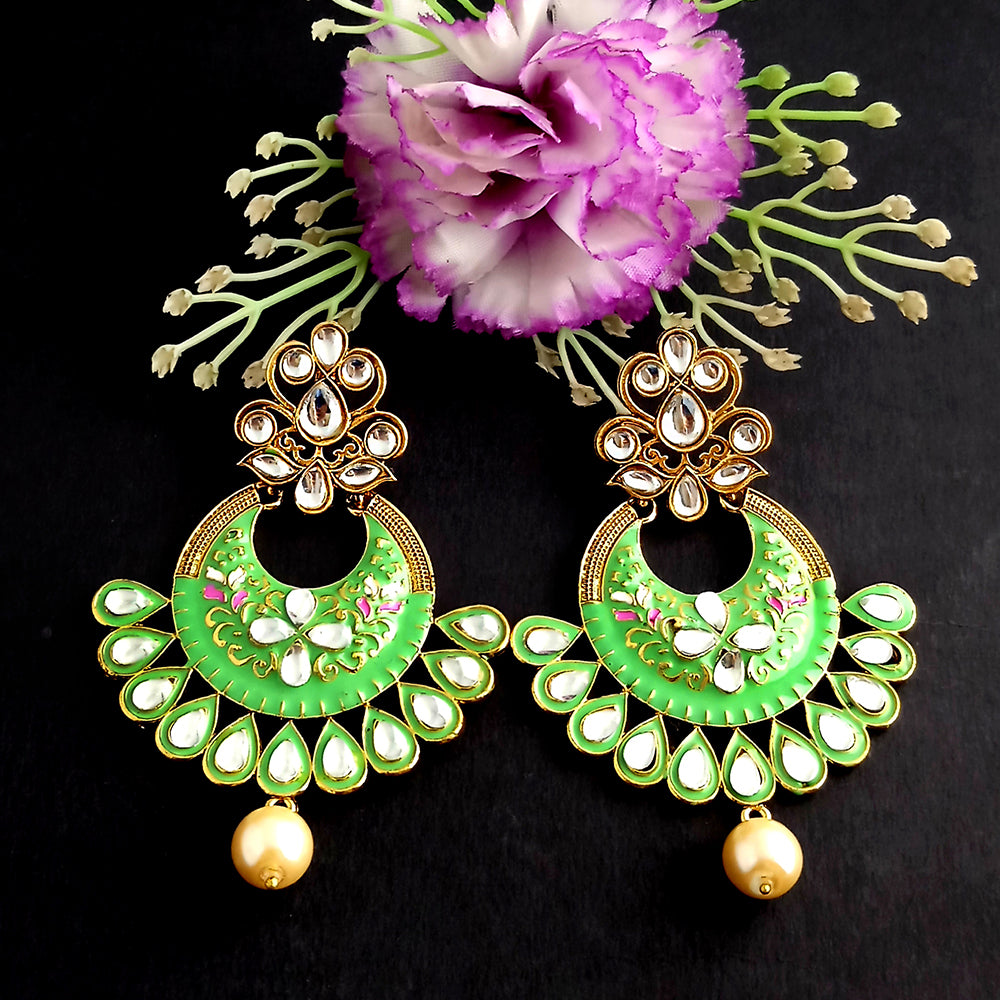 PARSHWAM Light Green Glossy Meenakari Pearl Drop Jhumki