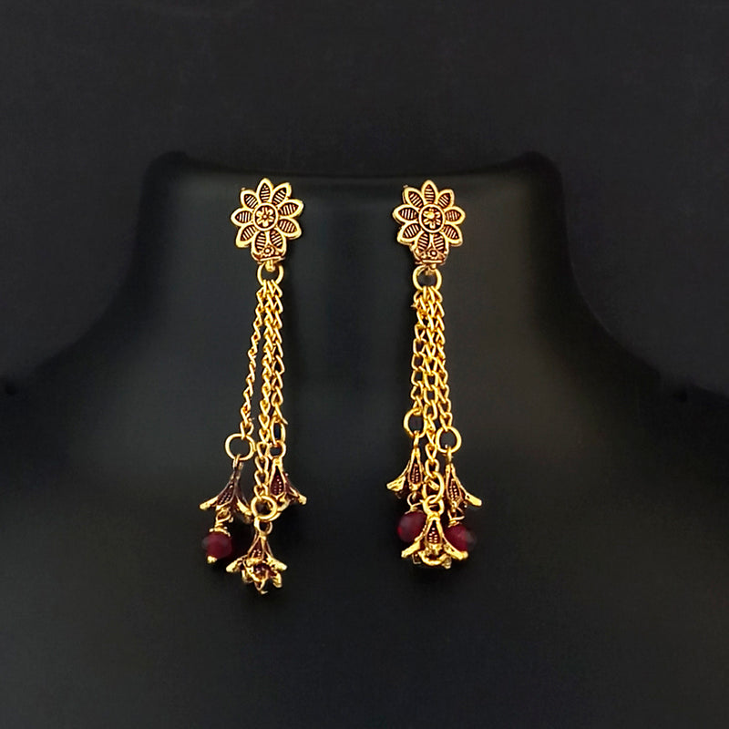 Kriaa Floral Gold Plated Maroon Pearls Danglers & Drops