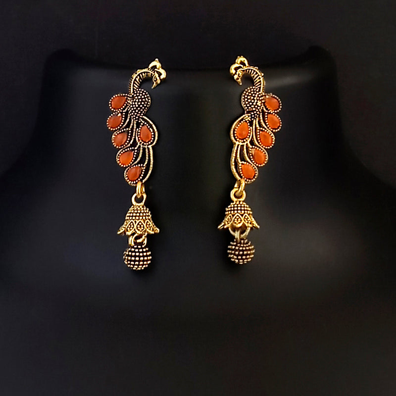 Kriaa Peacock Design Gold Plated Orange Stone Jhumka Earrings