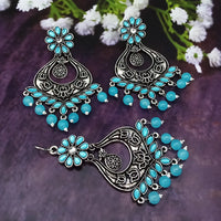 Jinu Arts Oxidised Plated Kundan and Beads Earrings with Maang Tikka