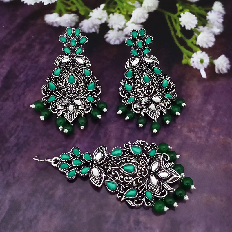 Jinu Arts Oxidised Plated Kundan and Beads Earrings with Maang Tikka