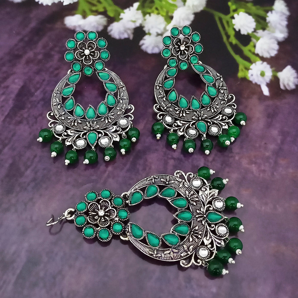 Jinu Arts Oxidised Plated Kundan and Beads Earrings with Maang Tikka