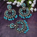 Jinu Arts Oxidised Plated Kundan and Beads Earrings with Maang Tikka