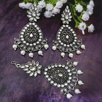 Jinu Arts Oxidised Plated Kundan and Beads Earrings with Maang Tikka