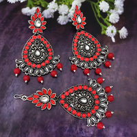 Jinu Arts Oxidised Plated Kundan and Beads Earrings with Maang Tikka