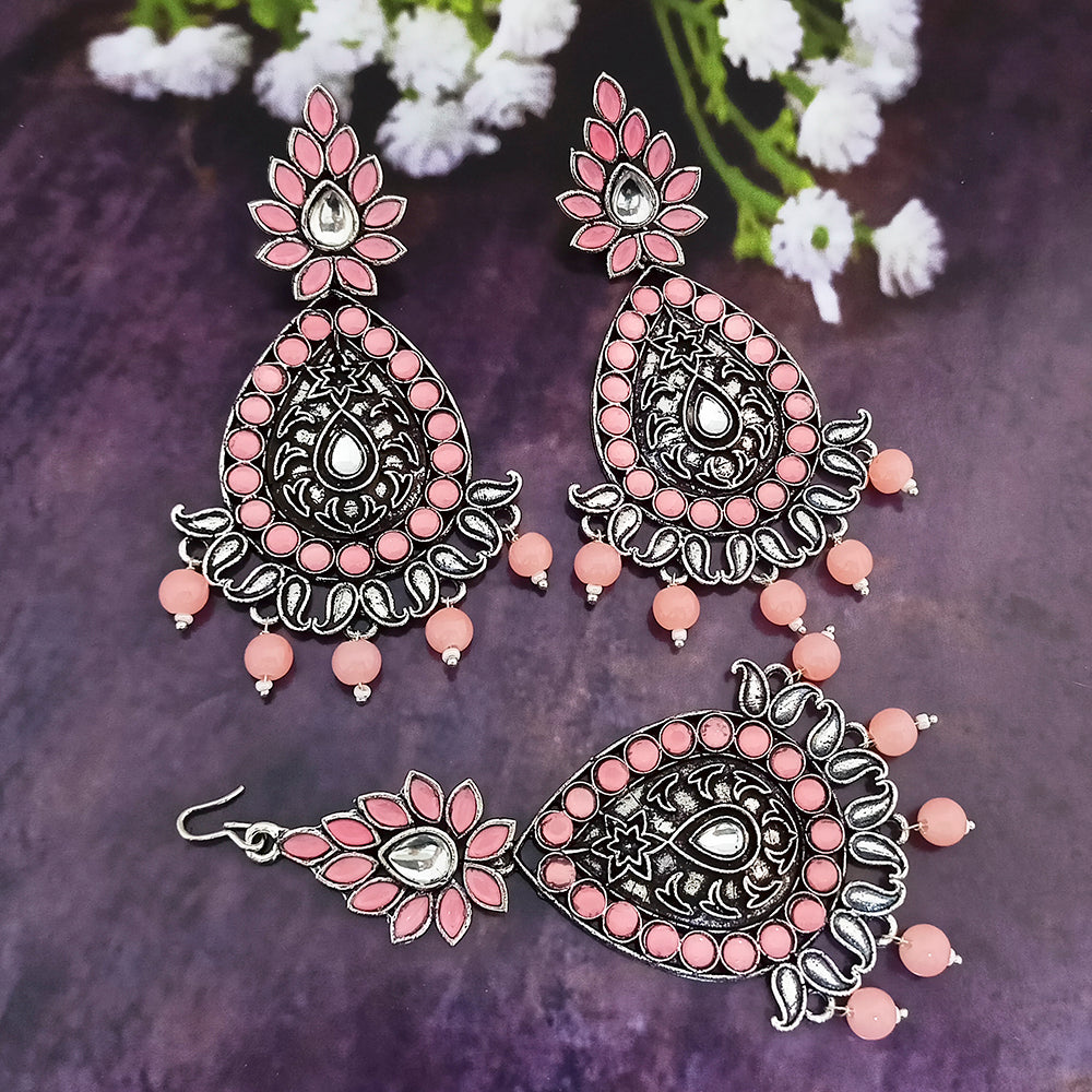 Jinu Arts Oxidised Plated Kundan and Beads Earrings with Maang Tikka