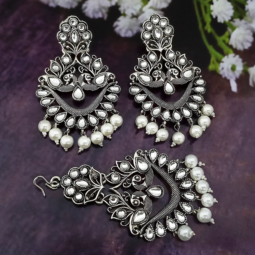 Jinu Arts Oxidised Plated Kundan and Beads Earrings with Maang Tikka