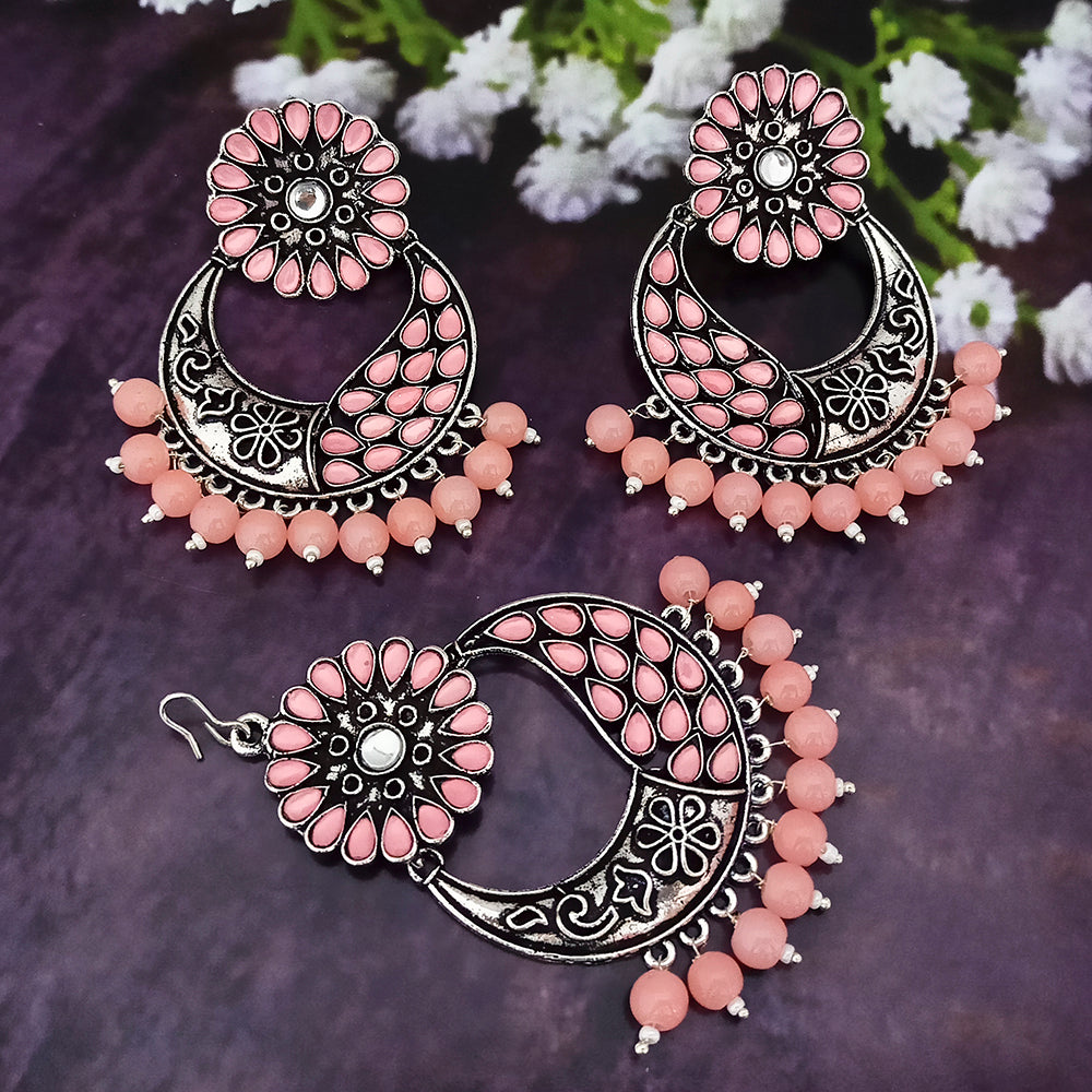 Jinu Arts Oxidised Plated Kundan and Beads Earrings with Maang Tikka