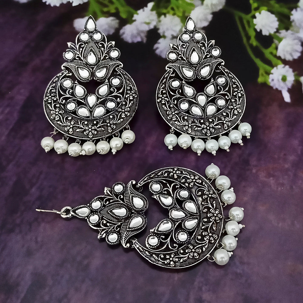 Jinu Arts Oxidised Plated Kundan and Beads Earrings With Maang Tikka