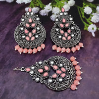 Jinu Arts Oxidised Plated Kundan and Beads Earrings With Maang Tikka