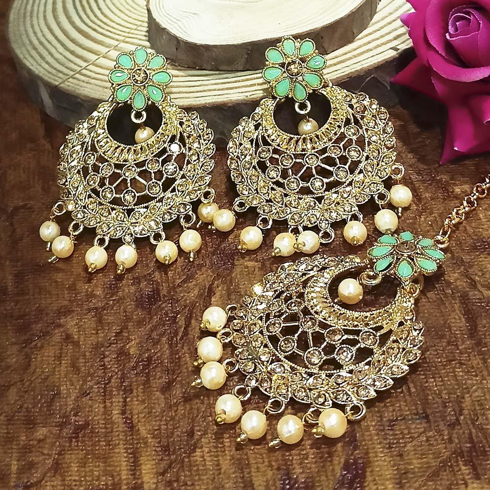 Adi Gold Plated Blue Kundan And Stone Earrings With Maang Tikka  - 1319203C