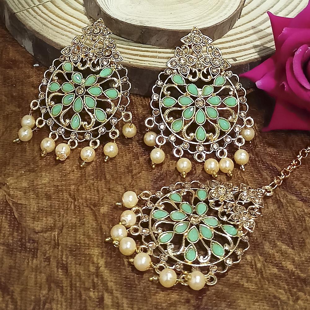 Adi Gold Plated Pink Kundan And Stone Earrings With Maang Tikka  - 1319204D