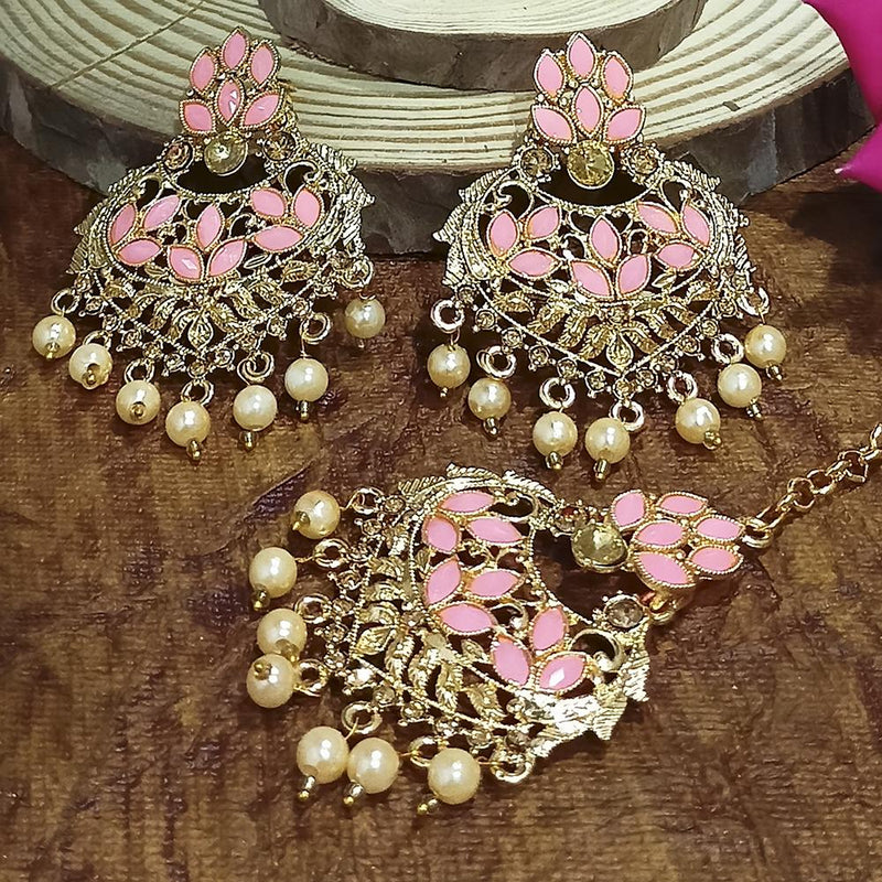 Adi Gold Plated Peach Kundan And Stone Earrings With Maang Tikka  - 1319206F