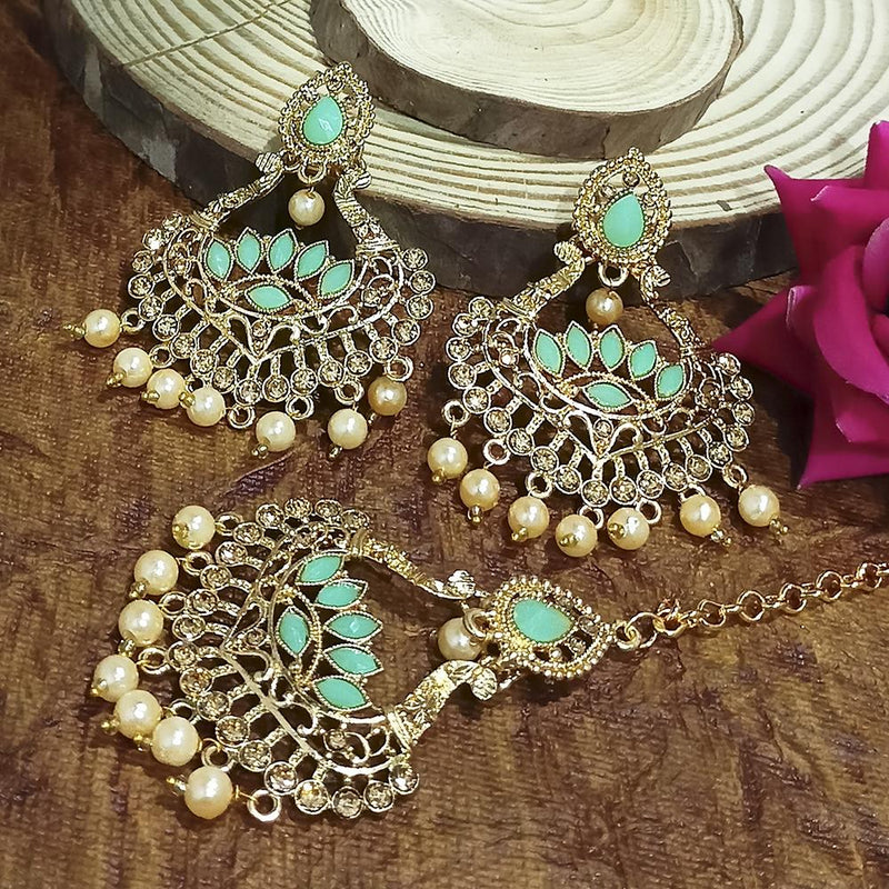 Adi Gold Plated Pink Kundan And Stone Earrings With Maang Tikka  - 1319207D