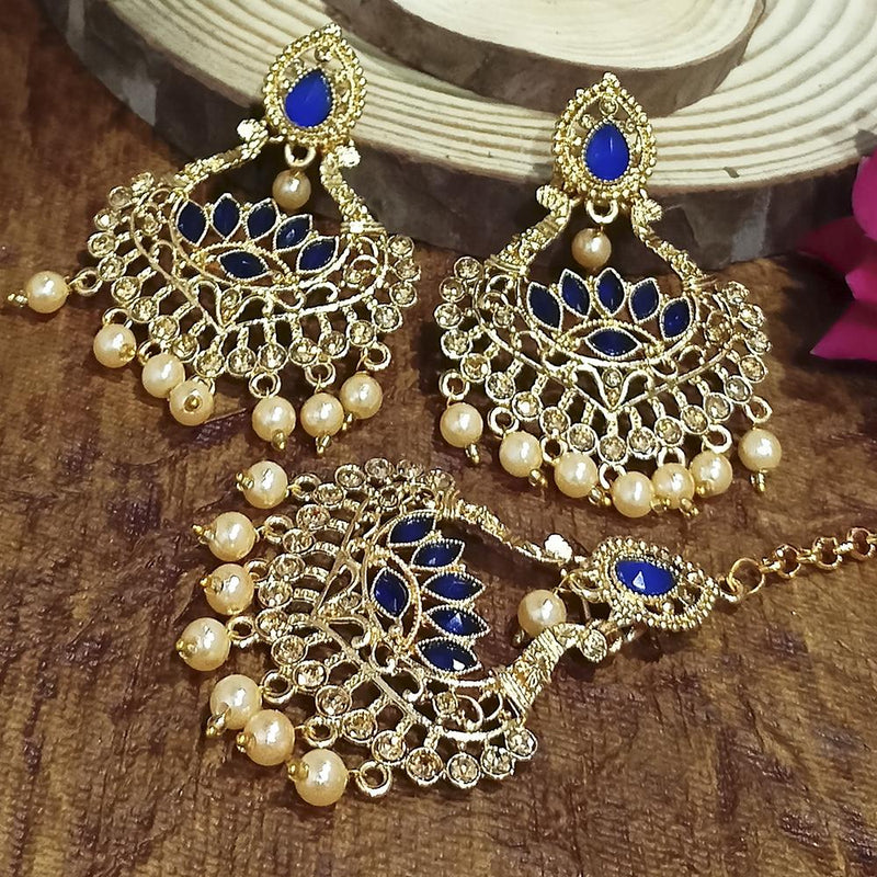 Adi Gold Plated Pink Kundan And Stone Earrings With Maang Tikka  - 1319207D