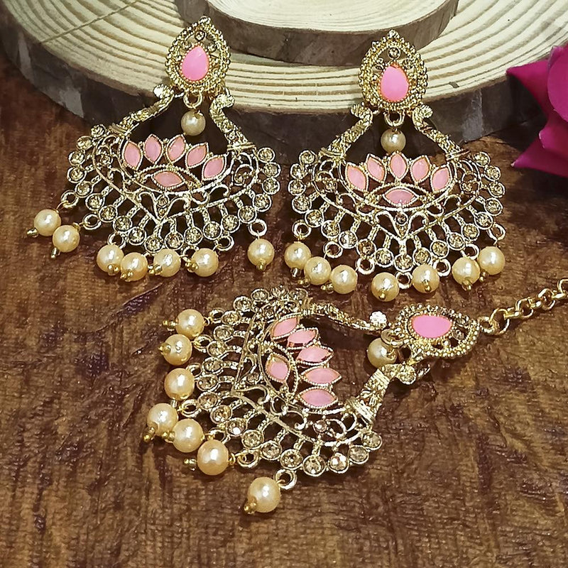 Adi Gold Plated Pink Kundan And Stone Earrings With Maang Tikka  - 1319207D